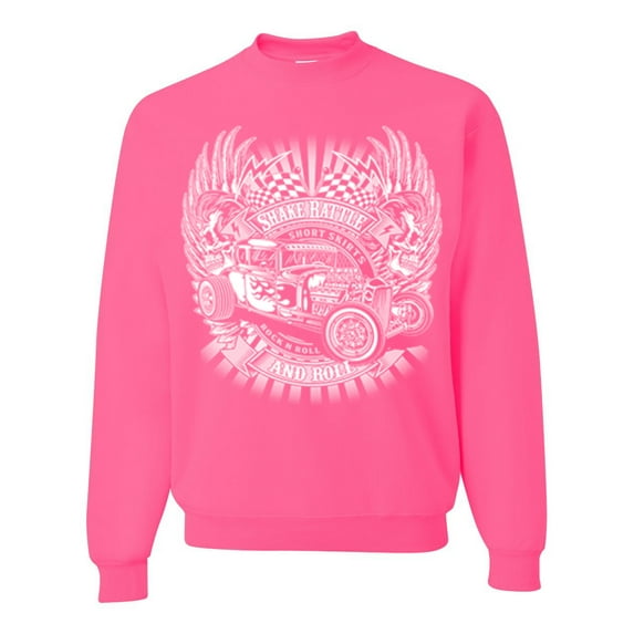 Wild Bobby, Shake Rattle And Roll Vintage Hot Rods Pop Culture Unisex Crewneck Graphic Sweatshirt, Neon Pink, 2XL