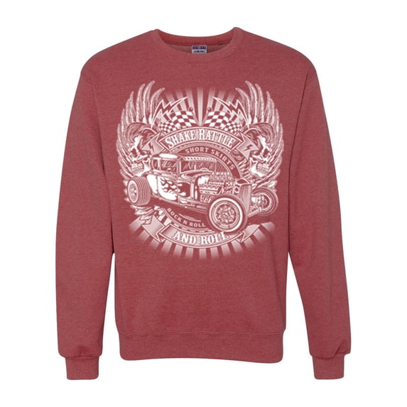 Wild Bobby, Shake Rattle And Roll Vintage Hot Rods Pop Culture Unisex Crewneck Graphic Sweatshirt, Vintage Heather Red, 3XL