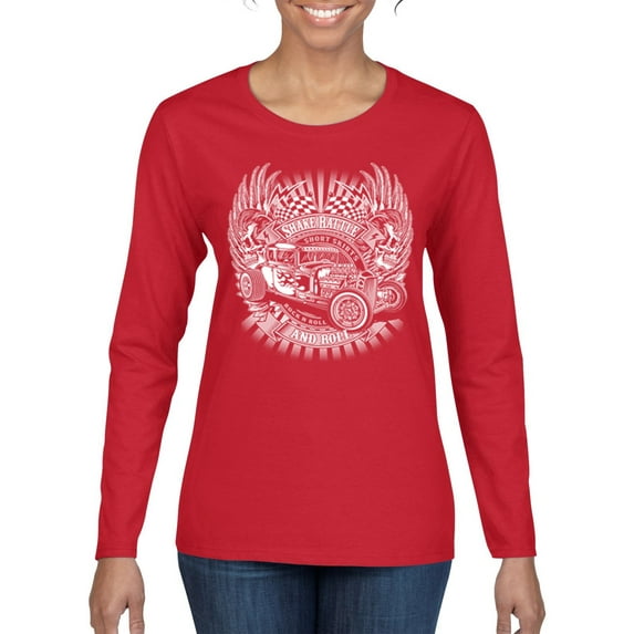 Wild Bobby, Shake Rattle And Roll Vintage Hot Rods Pop Culture Womens Graphic Long Sleeve T-Shirt, Red, 2XL