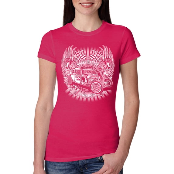 Shake Rattle And Roll Vintage Hot Rods Pop Culture Womens Slim Fit Junior Tee, Raspberry, Small