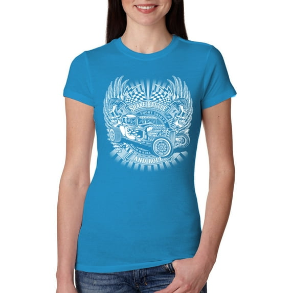 Shake Rattle And Roll Vintage Hot Rods Pop Culture Womens Slim Fit Junior Tee, Turquoise, Small