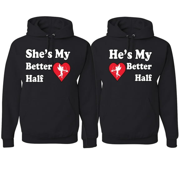 Wild Bobby, She Is My Better Half He Is My Better Half Cupid His and Hers Matching Couples Hoodies, Black, Mens S-Womens S