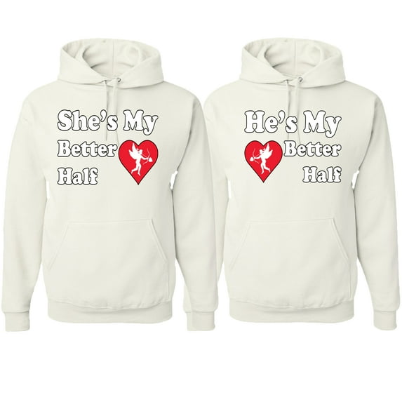 Wild Bobby, She Is My Better Half He Is My Better Half Cupid His and Hers Matching Couples Hoodies, White, Mens XL-Womens XL
