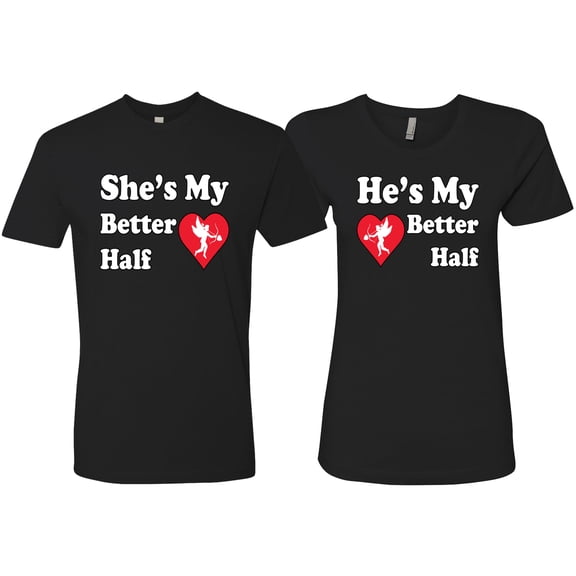 Wild Bobby, She Is My Better Half He Is My Better Half Cupid His and Hers Matching Couples T shirts, Black, Mens L-Womens M