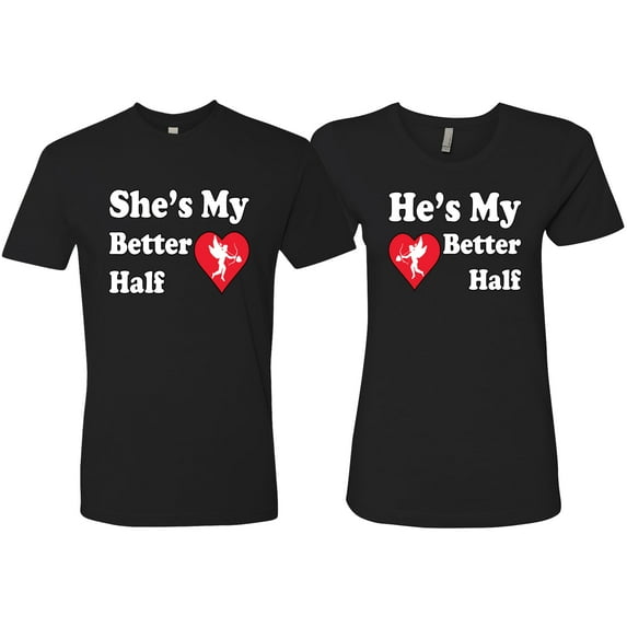 Wild Bobby, She Is My Better Half He Is My Better Half Cupid His and Hers Matching Couples T shirts, Black, Mens S-Womens M