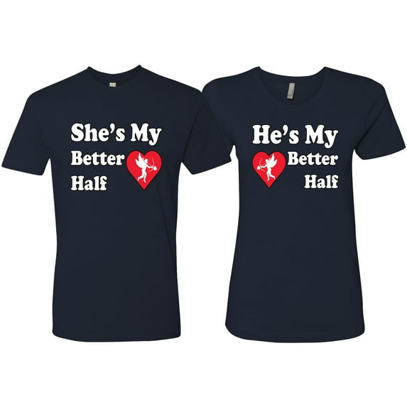 Wild Bobby, She Is My Better Half He Is My Better Half Cupid His and Hers Matching Couples T shirts, Navy, Mens 2XL-Womens M