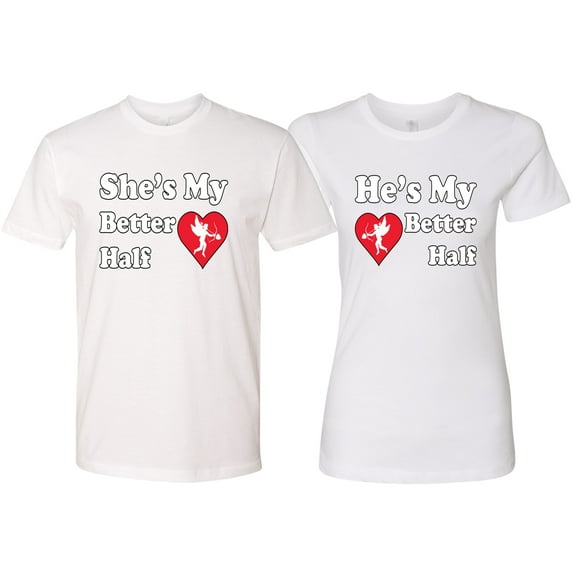 Wild Bobby, She Is My Better Half He Is My Better Half Cupid His and Hers Matching Couples T shirts, White, Mens 3XL-Womens 2XL