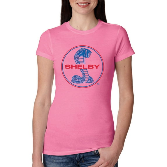 Wild Bobby, Shelby Cobra USA Logo Emblem Powered by Ford Motors, Cars and Trucks, Women Slim Fit Junior Tee, Hot Pink, Large