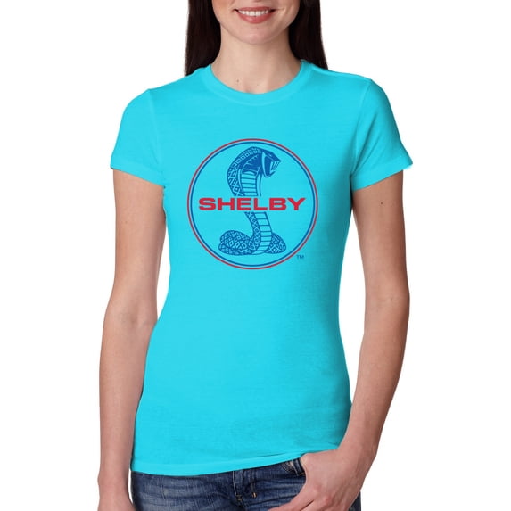 Wild Bobby, Shelby Cobra USA Logo Emblem Powered by Ford Motors, Cars and Trucks, Women Slim Fit Junior Tee, Tahiti Blue, Large
