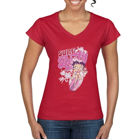 Wild Bobby Shore Surfer Betty Boop Betty Boop Women’s Standard V-Neck Tee, Red, X-Large