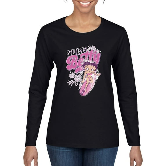 Wild Bobby Shore Surfer Betty Boop Betty Boop Womens Long Sleeve T-Shirt, Black, Large