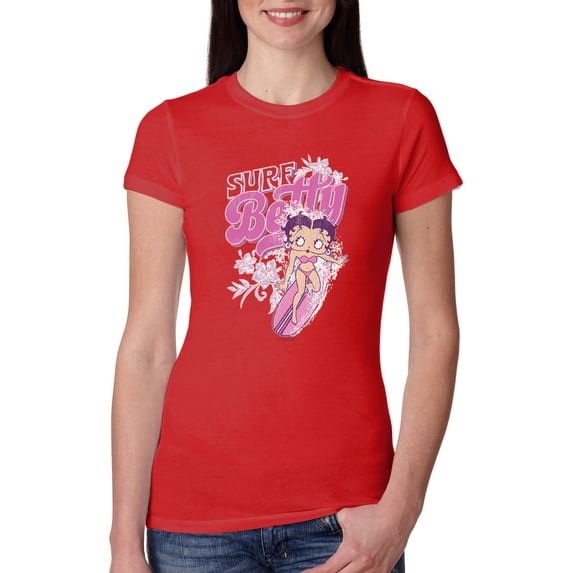 Wild Bobby Shore Surfer Betty Boop Betty Boop Womens Slim Fit Junior Tee, Red, X-Large