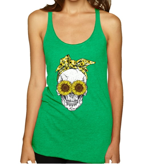 Wild Bobby, Skull Sunflower Skeleton Bandana Inspirational/Christian Tri-Blend Racerback Tank Top, Envy, X-Large
