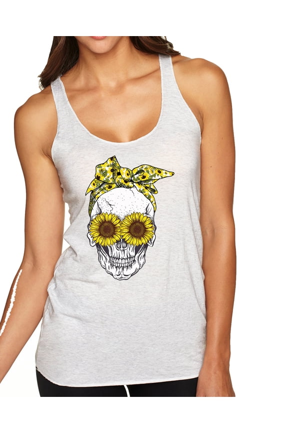 , Skull Sunflower Skeleton Bandana Inspirational/Christian Tri-Blend Racerback Tank Top, Heather White, Medium