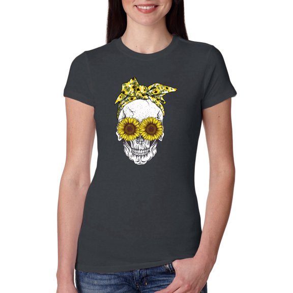 Wild Bobby, Skull Sunflower Skeleton Bandana Inspirational/Christian Womens Slim Fit Junior Tee, Dark Grey, X-Large