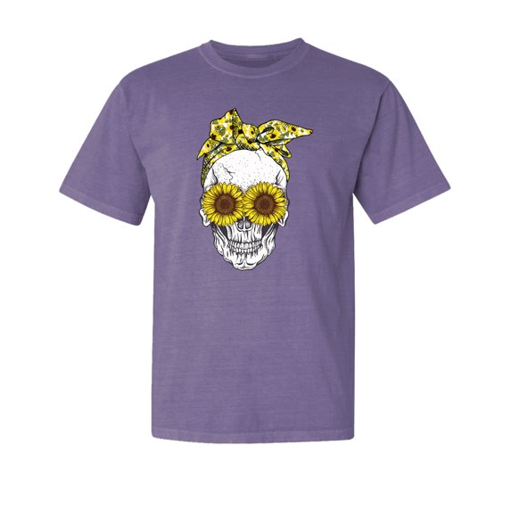 Wild Bobby,Skull Sunflower Skeleton Bandana, Streetwear, Garment-Dyed Washed Look Short Sleeve T-Shirt, Purple, X-Large