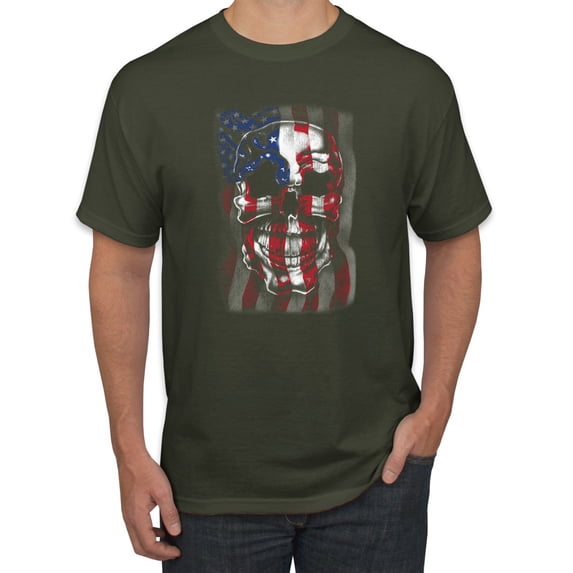 Wild Bobby, Smiling American Flag Skull, Pop Culture, Men Graphic Tees, Military Green, 4XL