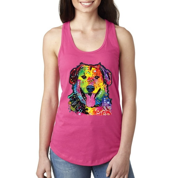 Wild Bobby, Smiling Dog | Colorful Neon Golden Retreiver | Dean Russo Art Animal Lover Ladies Racerback Tank Top, Raspberry, Small