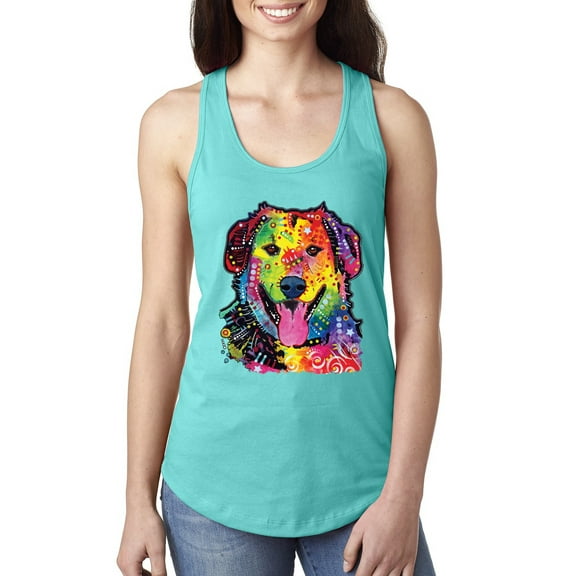 Wild Bobby, Smiling Dog | Colorful Neon Golden Retreiver | Dean Russo Art Animal Lover Ladies Racerback Tank Top, Tahiti Blue, Medium