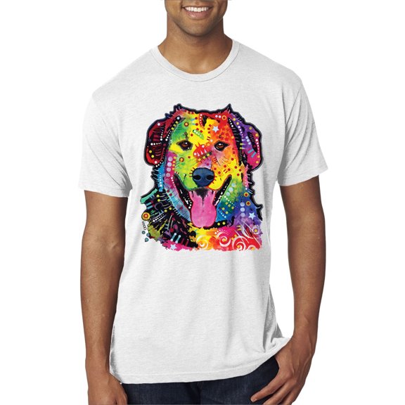 Wild Bobby, Smiling Dog | Colorful Neon Golden Retreiver | Dean Russo Art Animal Lover Mens Premium Tri Blend T-Shirt, Heather White, Medium