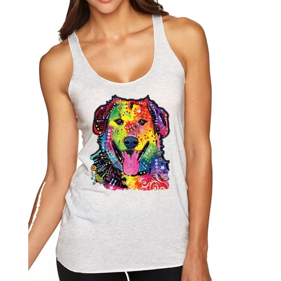 Wild Bobby, Smiling Dog | Colorful Neon Golden Retreiver | Dean Russo Art Animal Lover Tri-Blend Racerback Tank Top, Heather White, Small