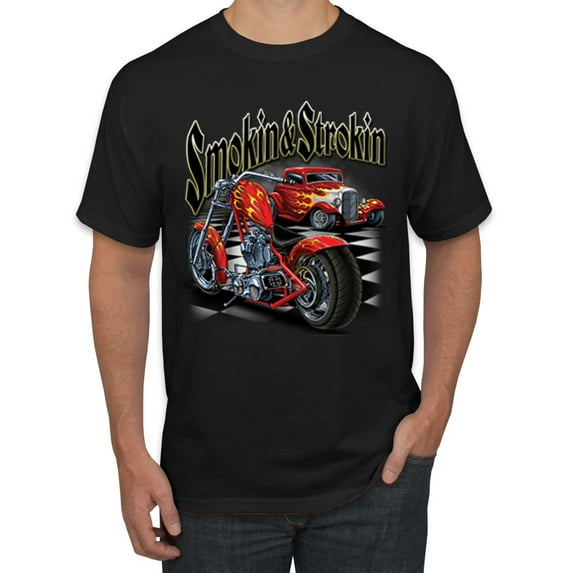 Wild Bobby, Smokin & Strokin Vintage Red Hot Rod and Motorcyle Cars and Trucks Men's Graphic T-Shirt, Black, Small