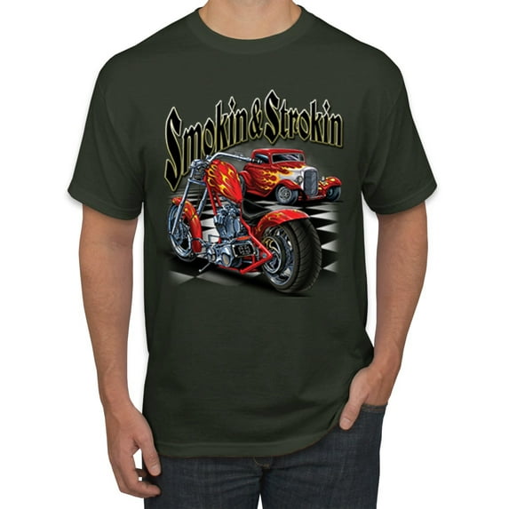 Wild Bobby, Smokin & Strokin Vintage Red Hot Rod and Motorcyle Cars and Trucks Men's Graphic T-Shirt, Forest Green, 3XL