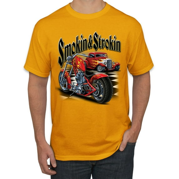 Smokin & Strokin Vintage Red Hot Rod and Motorcyle Cars and Trucks Men's Graphic T-Shirt, Gold, 2XL