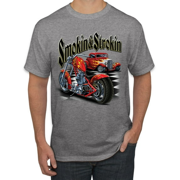 Wild Bobby, Smokin & Strokin Vintage Red Hot Rod and Motorcyle Cars and Trucks Men's Graphic T-Shirt, Heather Grey, 4XL