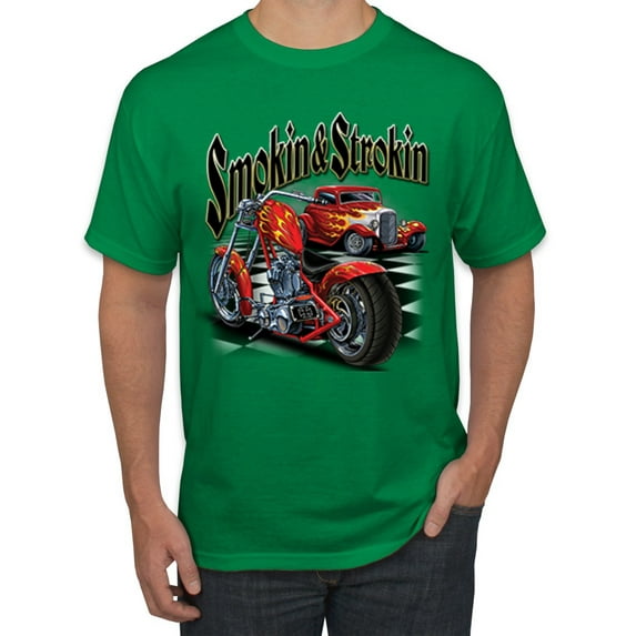 Wild Bobby, Smokin & Strokin Vintage Red Hot Rod and Motorcyle Cars and Trucks Men's Graphic T-Shirt, Kelly, Large