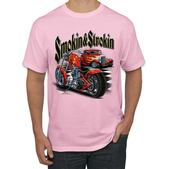 Wild Bobby, Smokin & Strokin Vintage Red Hot Rod and Motorcyle Cars and Trucks Men's Graphic T-Shirt, Light Pink, X-Large