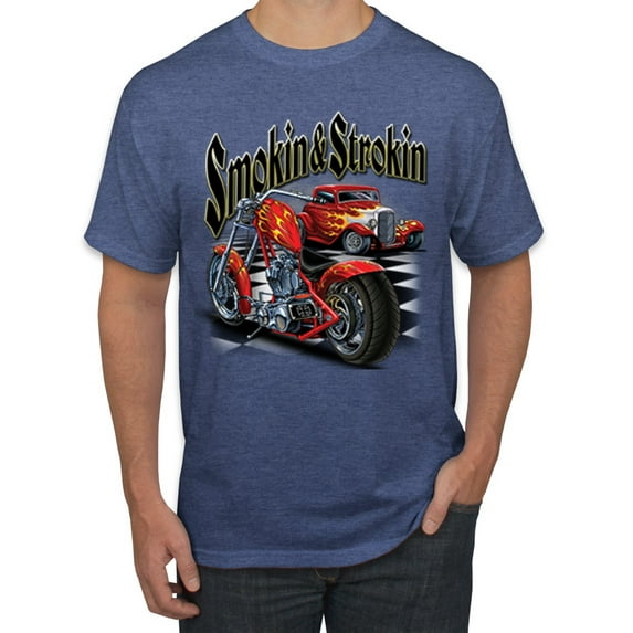 Wild Bobby, Smokin & Strokin Vintage Red Hot Rod and Motorcyle Cars and Trucks Men's Graphic T-Shirt, Vintage Heather Blue, 3XL
