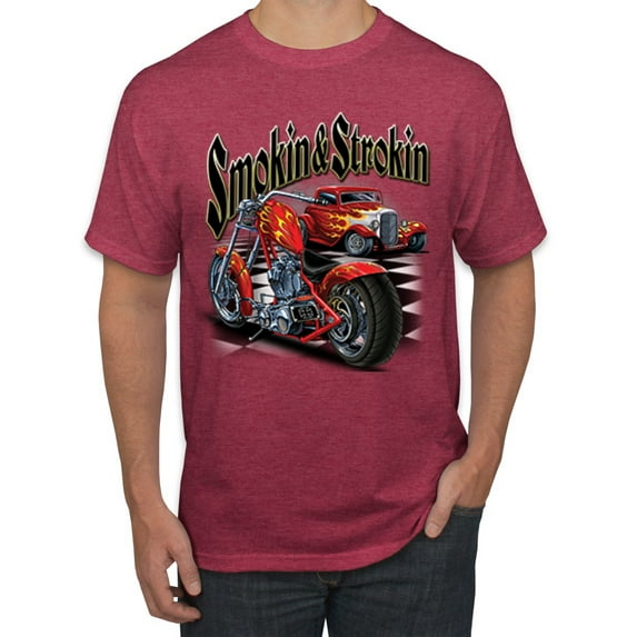Wild Bobby, Smokin & Strokin Vintage Red Hot Rod and Motorcyle Cars and Trucks Men's Graphic T-Shirt, Vintage Heather Red, Large