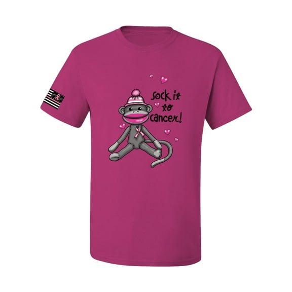 Wild Bobby, Sock It to Cancer Monkey Tee USA Flag Sleeve Breast Cancer Awareness Men Tee, Fuchsia, X-Large
