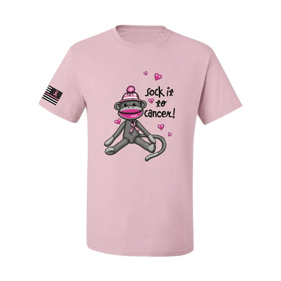Wild Bobby, Sock It to Cancer Monkey Tee USA Flag Sleeve Breast Cancer Awareness Unisex Graphic Tee, Light Pink, Small