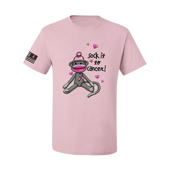 Wild Bobby, Sock It to Cancer Monkey Tee USA Flag Sleeve Breast Cancer Awareness Unisex Graphic Tee, Light Pink, Small
