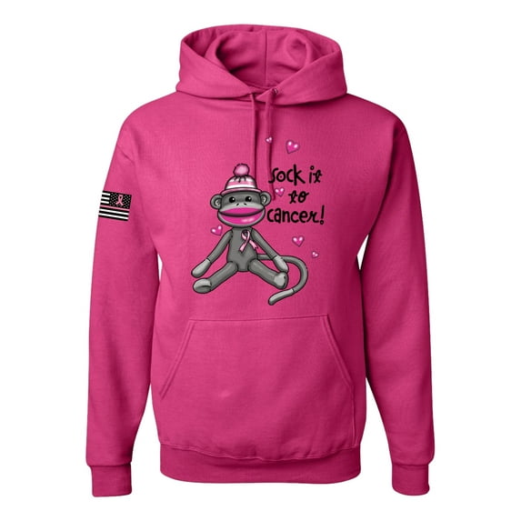 Wild Bobby, Sock It to Cancer Monkey Tee USA Flag Sleeve Breast Cancer Awareness Unisex Hoodie Sweatshirt, Fuchsia, Small