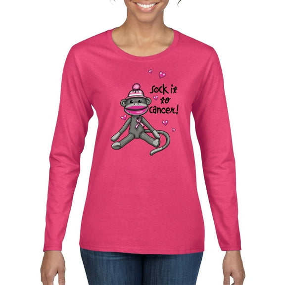 Wild Bobby Sock It to Cancer Monkey Tee USA Flag Sleeve Breast Cancer Awareness Women Graphic Long Sleeve T-Shirt, Fuschia, Small