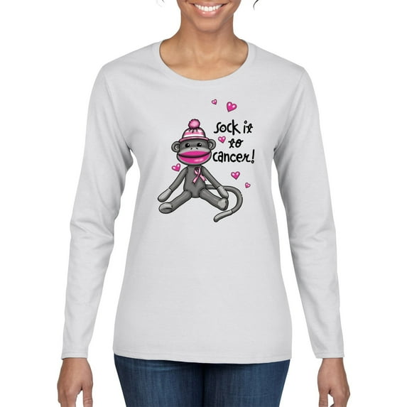Wild Bobby Sock It to Cancer Monkey Tee USA Flag Sleeve Breast Cancer Awareness Women Graphic Long Sleeve T-Shirt, White, XX-Large