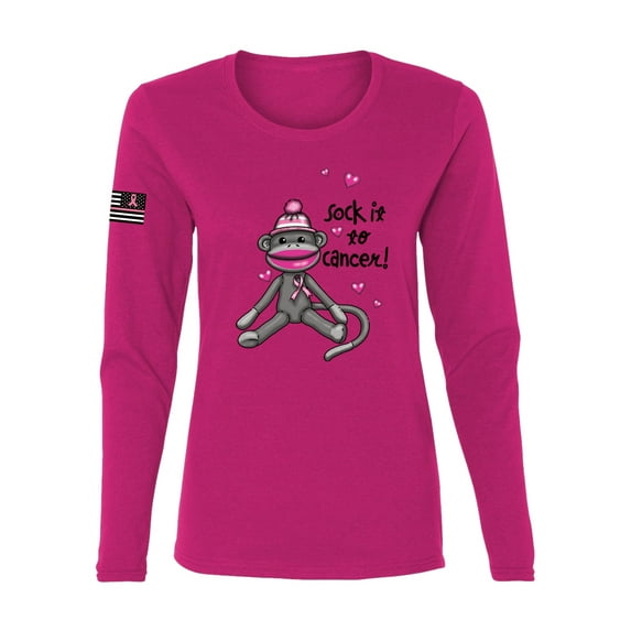 Wild Bobby Sock It to Cancer Monkey Tee USA Flag Sleeve Breast Cancer Awareness Women Long Sleeve Tee, Fuchsia, Small