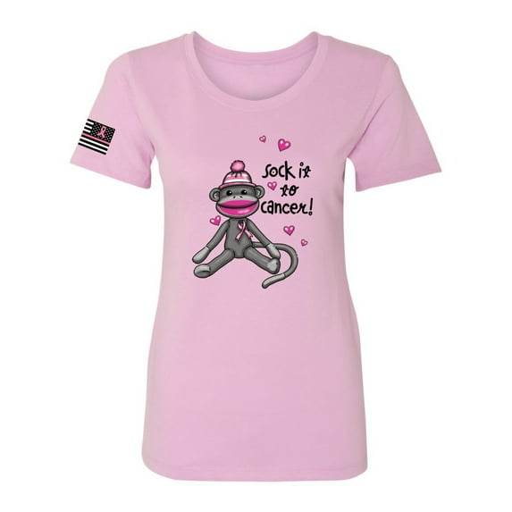 Wild Bobby, Sock It to Cancer Monkey Tee USA Flag Sleeve Breast Cancer Awareness Women Slim Fit Junior Tee, Hot Pink, X-Large