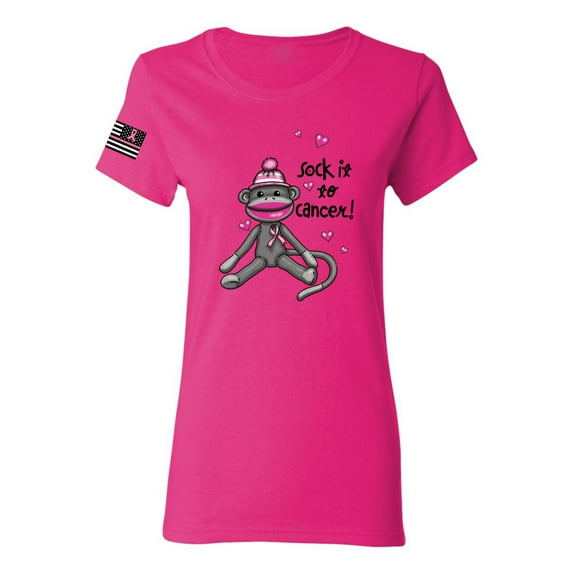 Wild Bobby Sock It to Cancer Monkey Tee USA Flag Sleeve Breast Cancer Awareness Women Tee, Fuchsia, 3X-Large