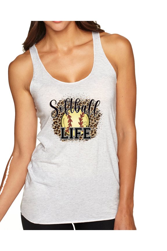 , Softball Life Animal Print Girl Sports Tri-Blend Racerback Tank Top, Heather White, Small