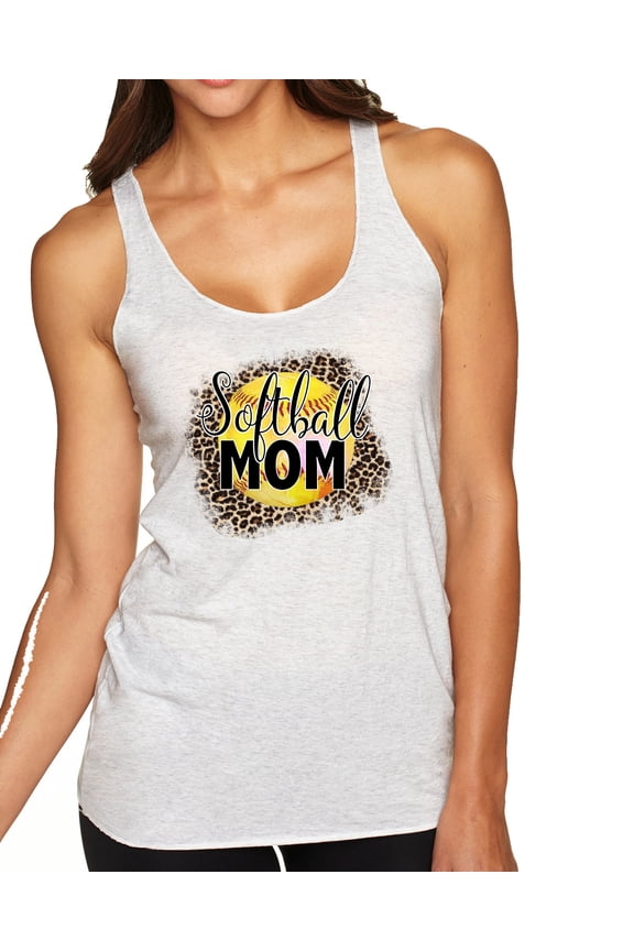 , Softball Mom Animal Print Girl Sports Tri-Blend Racerback Tank Top, Heather White, Medium