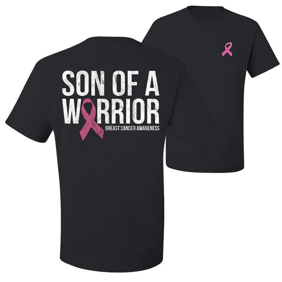 Wild Bobby Son of A Warrior Breast Cancer Ribbon Breast Cancer Awareness Front and Back Men's T-Shirt, Black, Large