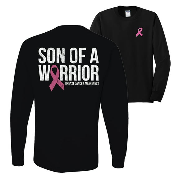Wild Bobby Son of A Warrior Breast Cancer Ribbon Breast Cancer Awareness Front and Back Mens Long Sleeve Shirt, Black, Small