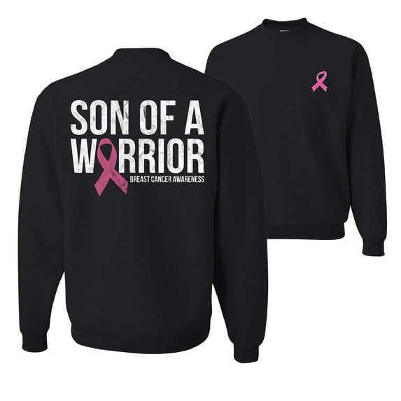 Wild Bobby Son of A Warrior Breast Cancer Ribbon Breast Cancer Awareness Front and Back Unisex Crewneck Sweatshirt, Black, Small