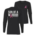 thumbnail image 1 of Wild Bobby Son of A Warrior Breast Cancer Ribbon Breast Cancer Awareness Front and Back Womens Graphic Long Sleeve T-Shirt, Black, Small, 1 of 5