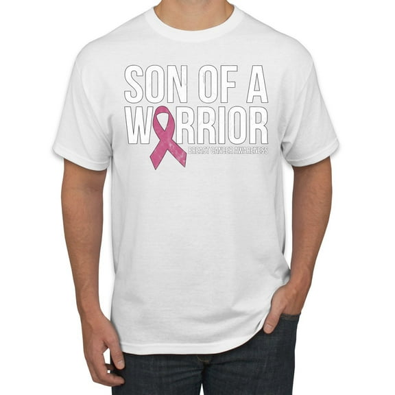 Wild Bobby Son of A Warrior Breast Cancer Ribbon Breast Cancer Awareness Men Tee, White, Medium