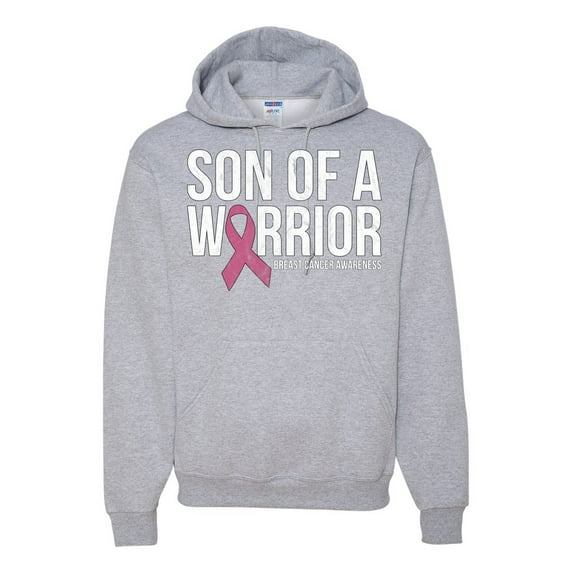 Wild Bobby Son of A Warrior Breast Cancer Ribbon Breast Cancer Awareness Unisex Hoodie Sweatshirt, Heather Grey, Medium